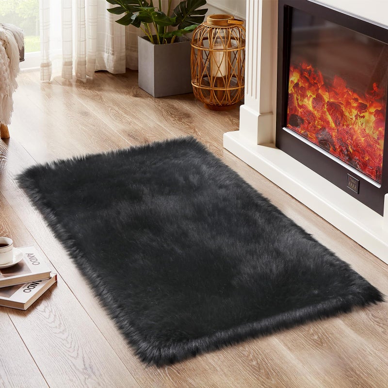 Ciicool Black Fur Fluffy Rug, 2x4 ft Small Faux Fur Rug for Bedroom, Washable Faux Sheepskin Rugs for Sofa Couch Seat Cushion, Thick Shaggy Furry Floor Carpets for Bedside Living Room - Image 5